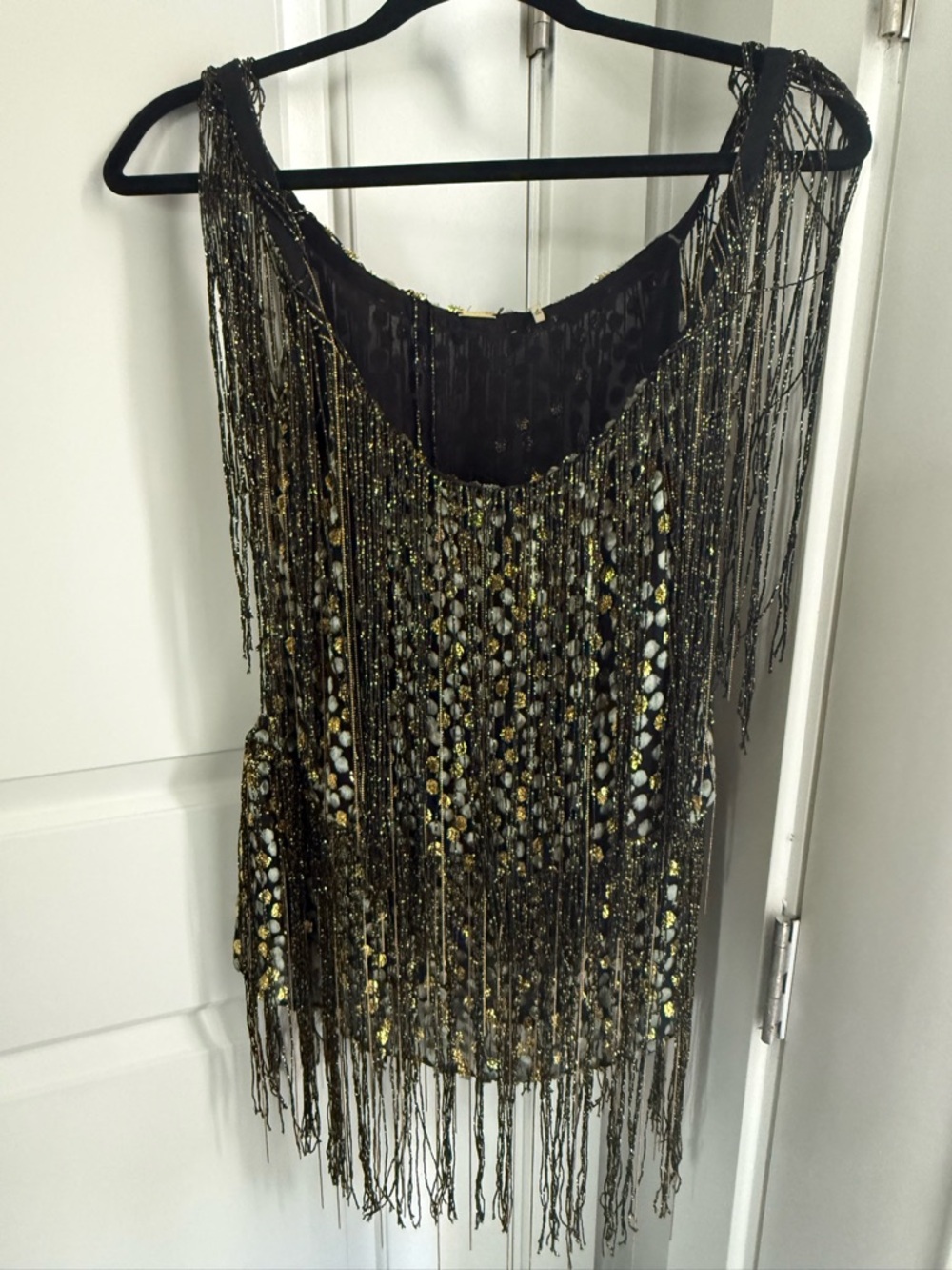 Elie Tahari Black Tank with Gold Beaded Fringe